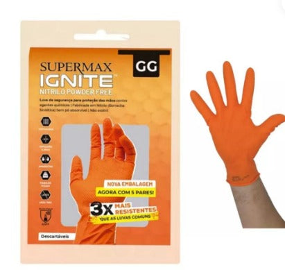 LUVA IGNITE NITRILO POWDER FREE LARANJA 5 PARES TAMANHO GG SUPERMAX